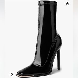 REITOYE black Faux Patent Leather Mid Calf Boots Sz 8 Women Square Toe Heels 4.5